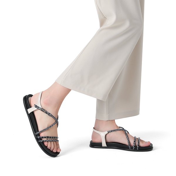 Round Toe Dressy Flat Sandals - BLACK WHITE - 2